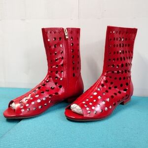 Charming Lady Women's Perforated Flat Boots Open Ovals Peep Toe Side Zip